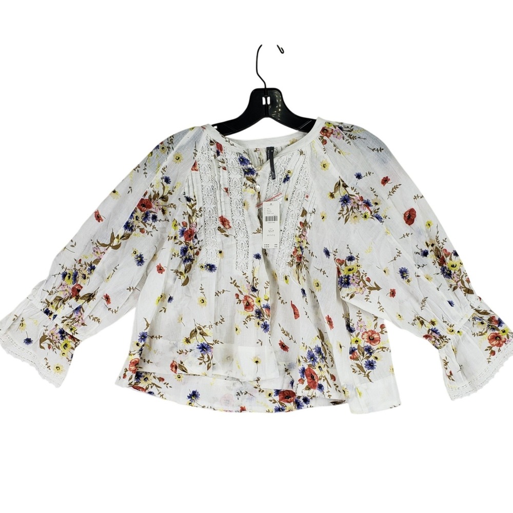 Anthropologie Floral Lace Pintuck Blouse Womens XSP White Boho Cottagecore